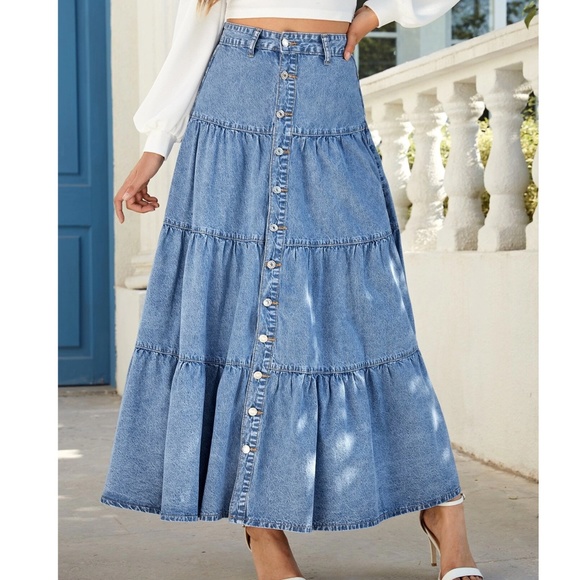 Luxe Medium Wash Button Ruffle Hem Denim Jean Maxi Skirt - Picture 4 of 5